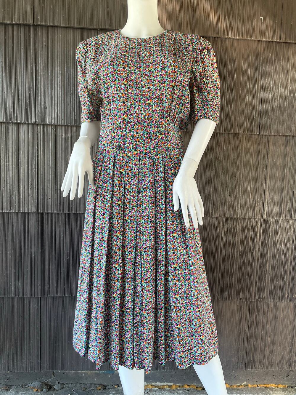 🔥VTG 80s Karin Stevens Floral Puff Sleeve Pleated Midi Dress Retro Cottage